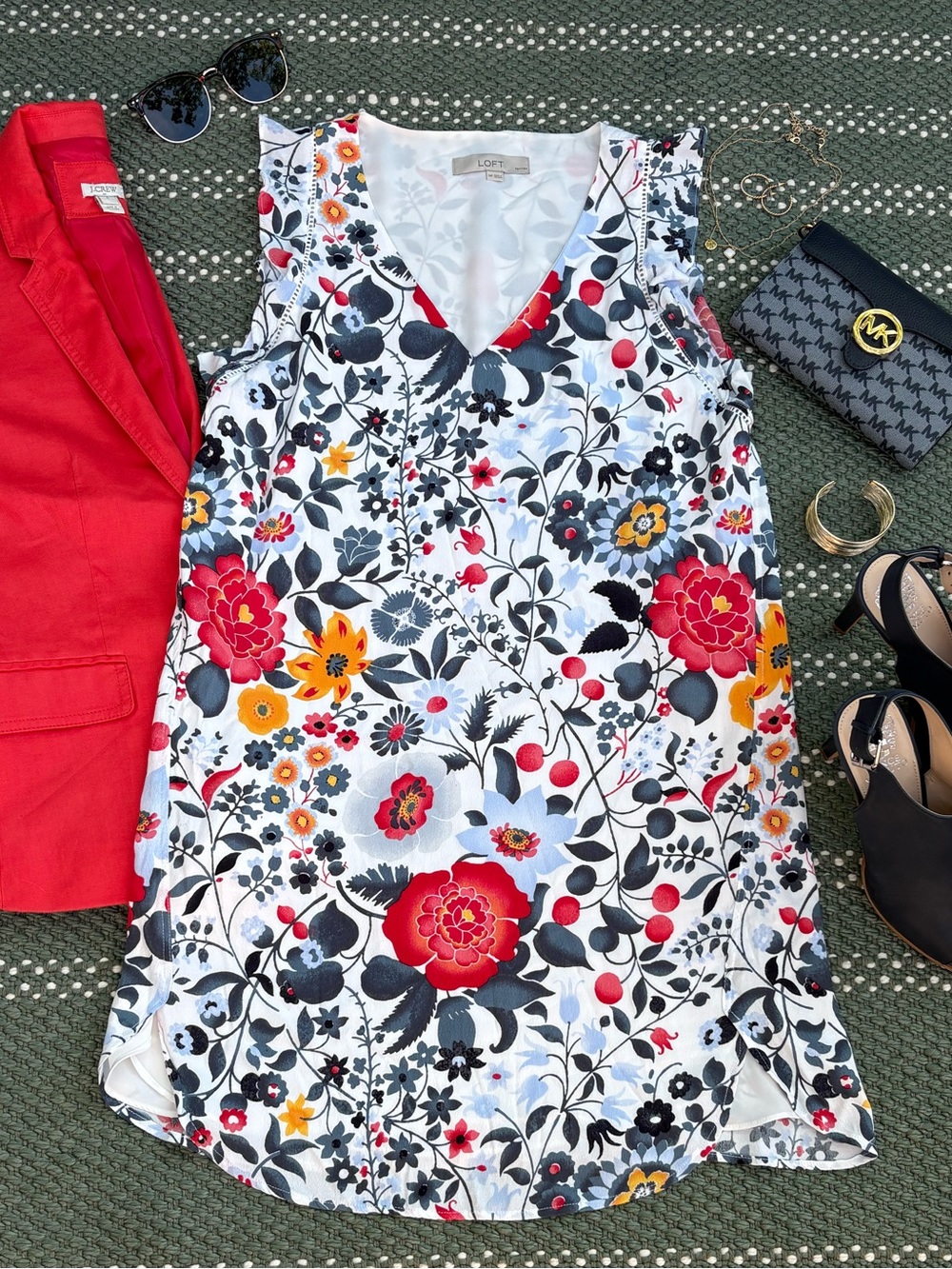 LOFT Floral V-Neck Sleeveless Dress - White with Red & Yellow Floral Print